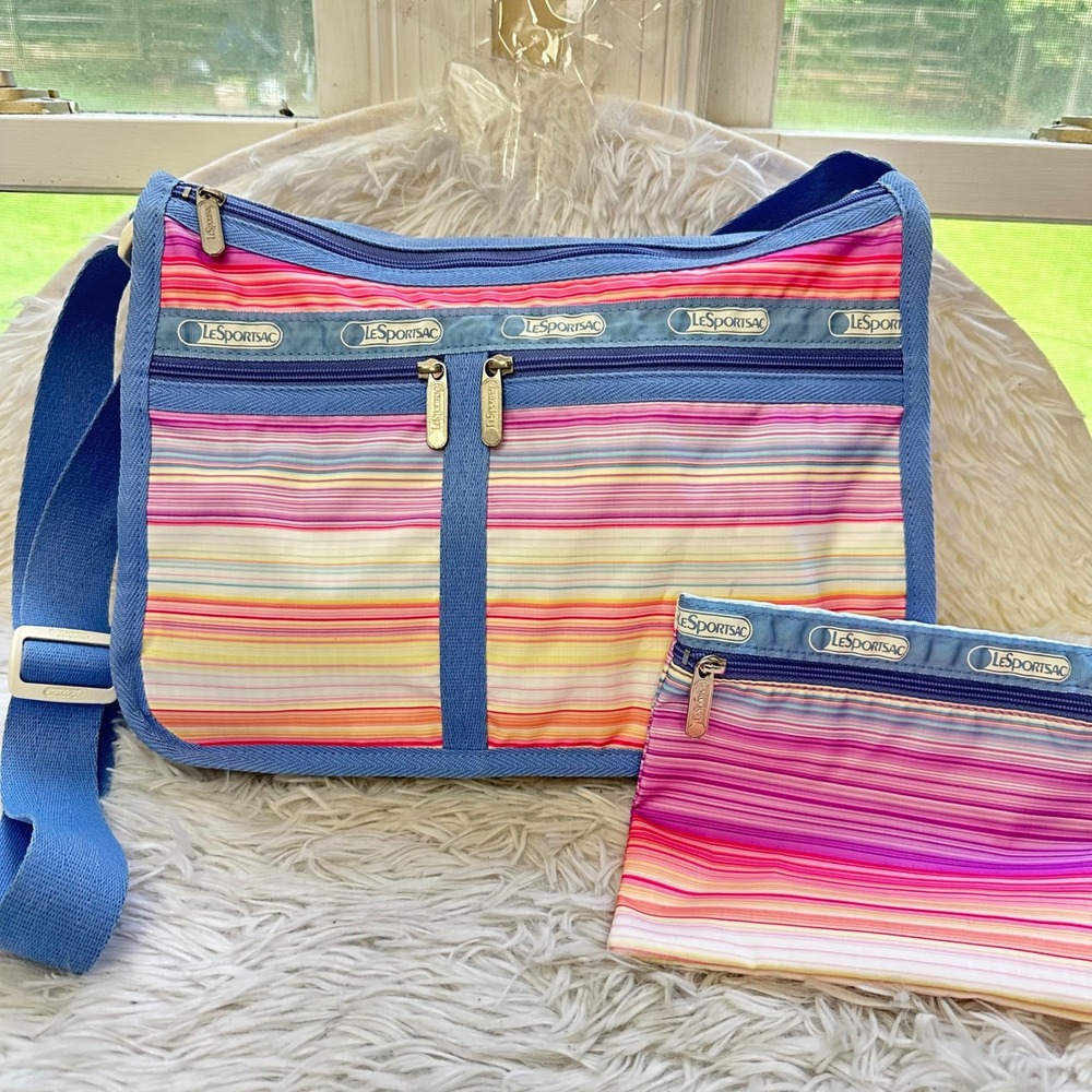 LeSportsac Deluxe Everyday Bag Multicolor Stripe w/ Cosmetic Pouch Medium